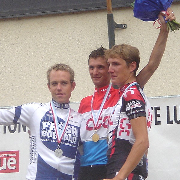 The podium of the elite road-race at the Luxemburgish National Championships 2005: Kim Kirchen, Frank Schleck, Andy Schleck